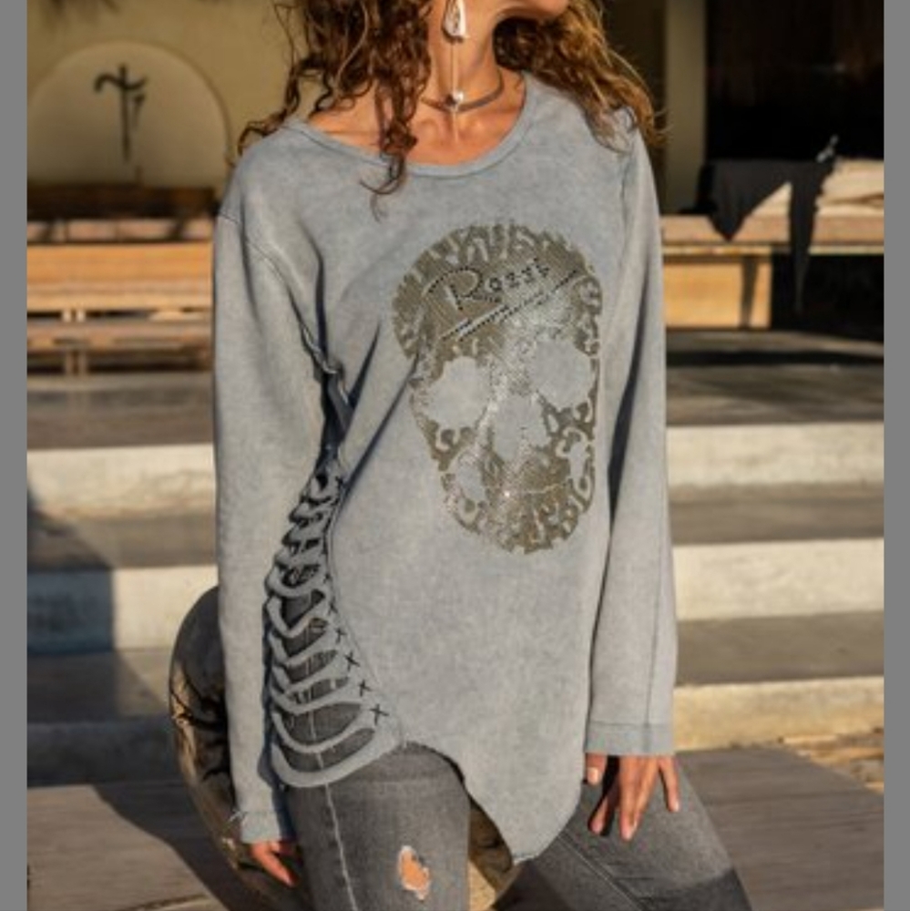 EUC skull asymmetrical distress sweatshirt